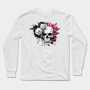 Skull and flowers Ink Dripping Effect Long Sleeve T-Shirt